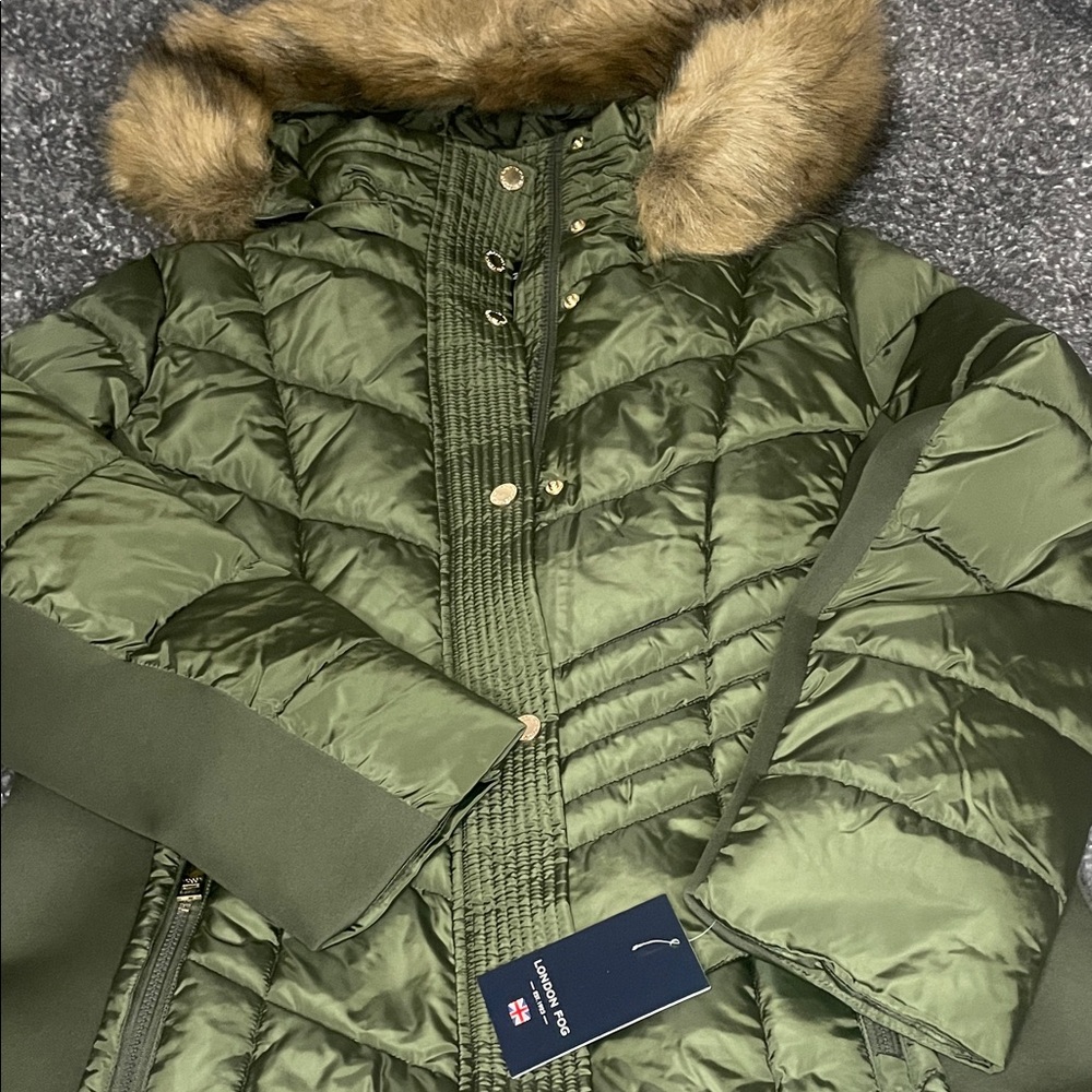 London Fog Olive Puffer Coat with Faux Fur Trim